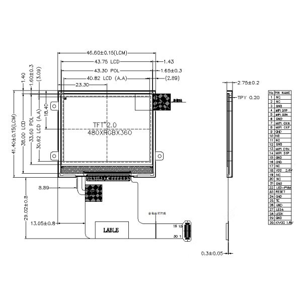 2 Inch TFT Display LCD, 480x360 Resolution , 30 PINS 2LANE MIPI Interface 350cd/M2 Brightness