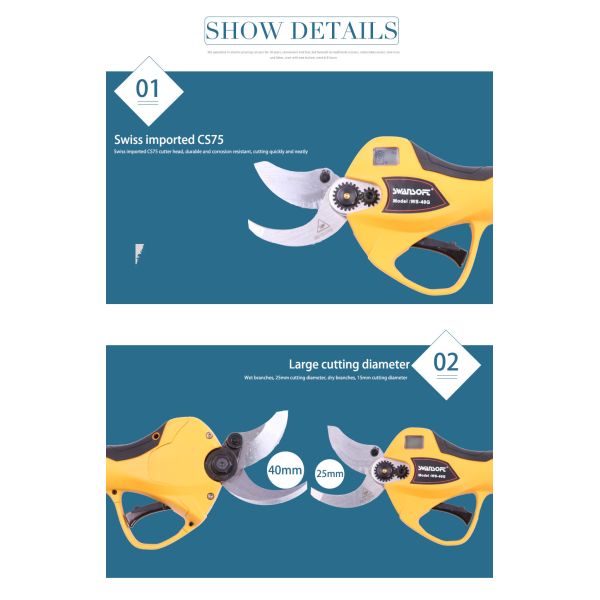 Swansoft New Type 4.0CM Cordless Electric Pruner Eletric Pruning Shears for Vineyard and Orchard with LED Screen Display