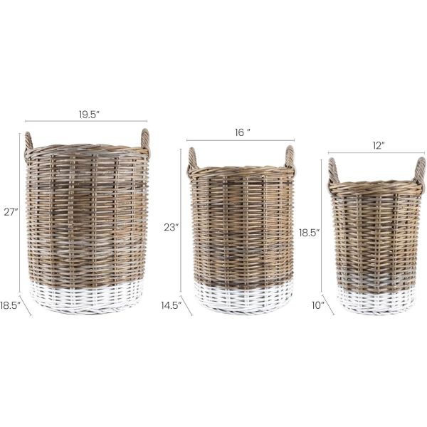 Hand-Woven Rattan Nesting Wicker Storage Baskets W/ Wheels And Handles, Seagrass Container For Decoration In Bedroom, Laundry Room,White Wash/Kubu