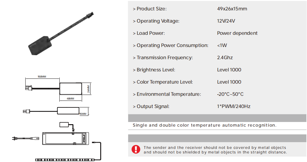 S1015D Black Ultra Thin Power Wireless Receiver Controller, 12/24VDC, 60W, Surface Mounted, 48.4*26.2*15.2mm
