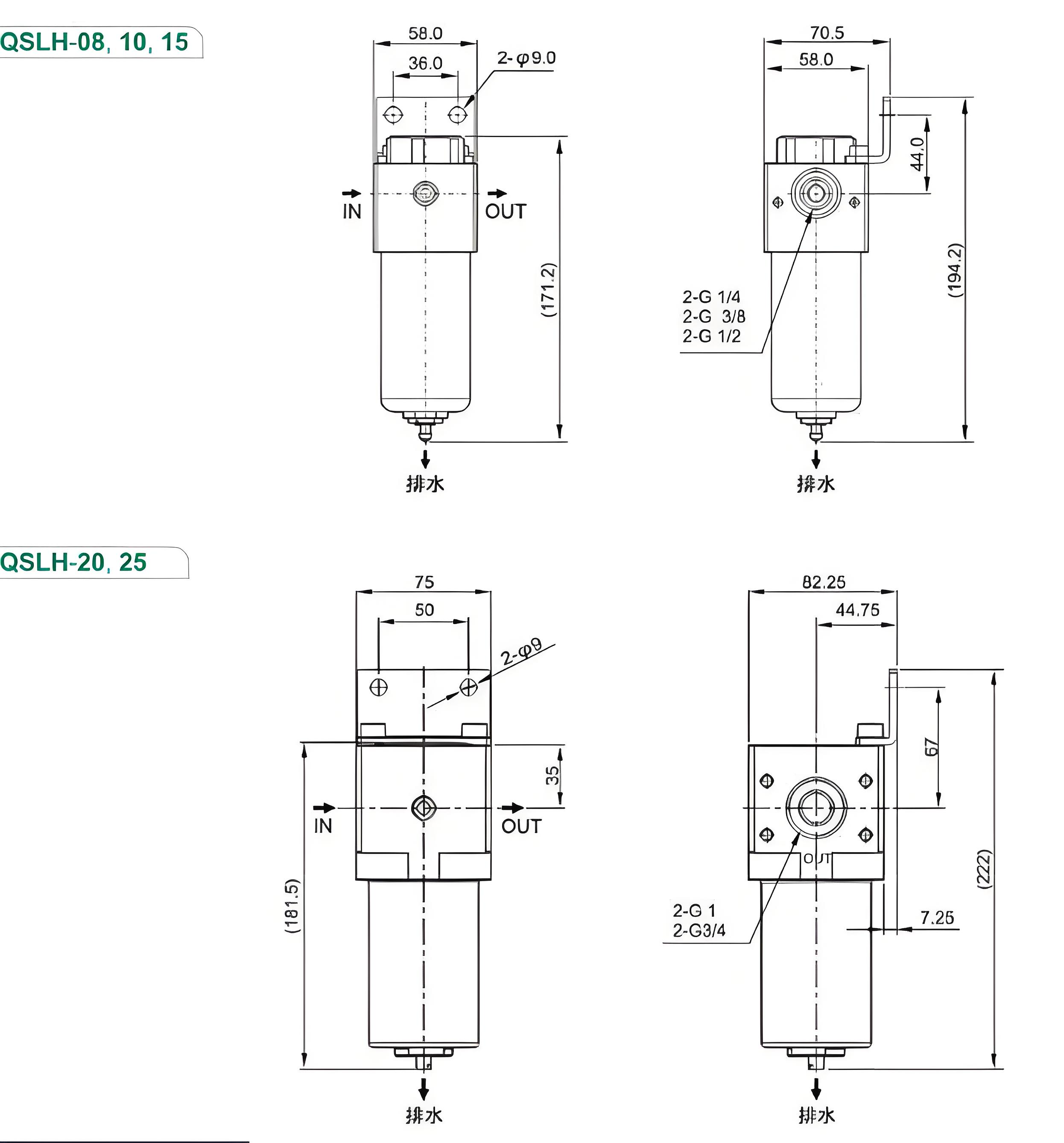 QSLH Series Stainless Steel Filter with 5μm Filtration Precision 40μm Optional and G1/8 to G1 Connection for Compressed Air