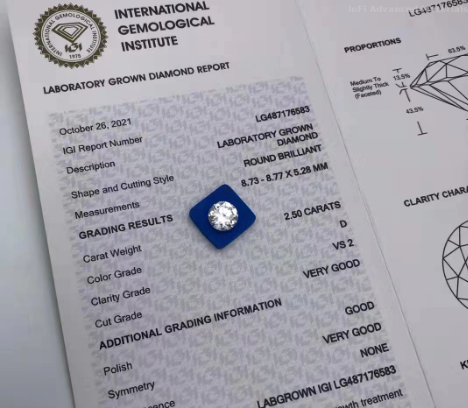 E Color VS2 VG Round Brilliant Cut Diamond Round 2.5 Carat Lab Grown Diamond