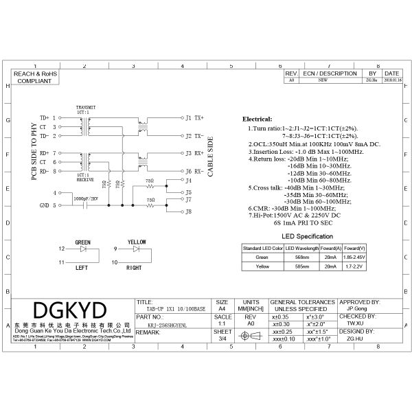 10/100 BASE Single Port RJ45 Magnetics Connector Ethernet Modular Jack Customized KRJ-256SHGYENL