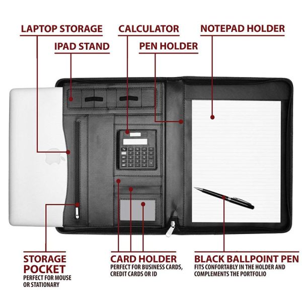 Faux Leather Business Portfolio Folder Classic Black With Solar Calculator