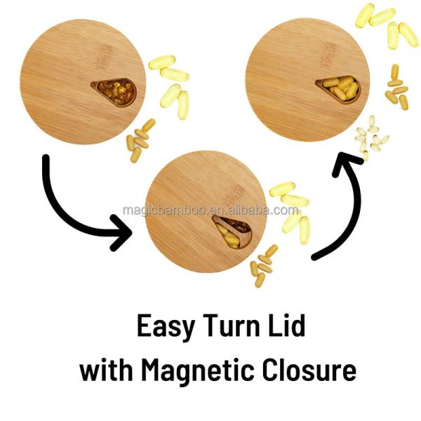 Functional and Durable Bamboo Daily Travel Round Pill Organizer with Days of the Week