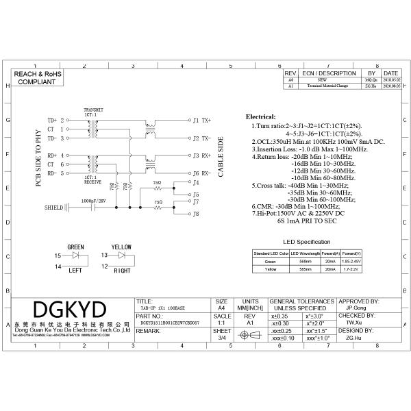 RJ45 Direct Insertion Network Port With Transformer, Thin Sinking Plate DGKYD1511B031CB2W7CBD057