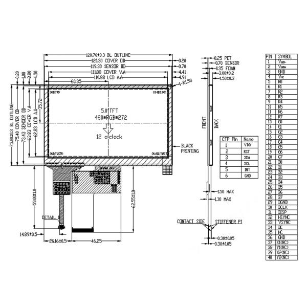 5 Inch Touch Screen ,Tft Lcd 480x272, 40 PINS 24bit RGB Interface 350 CD/M2
