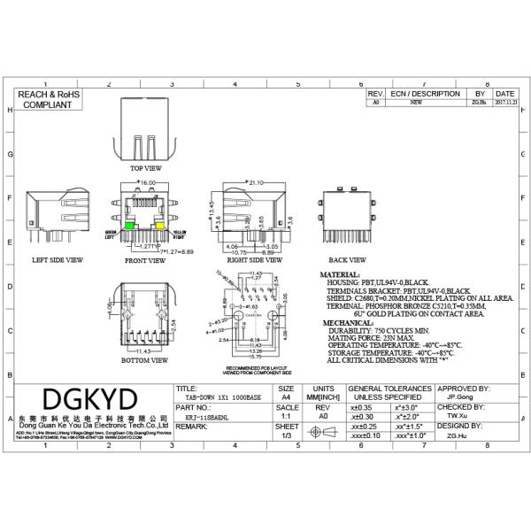 1000 base-tx tab down Rj45 Lan Jack with magnetic transformer