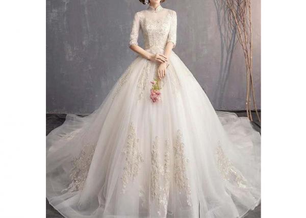 Buy Fashion Off White Long Tail Wedding Dress With Half Sleeve And High Collar at wholesale prices