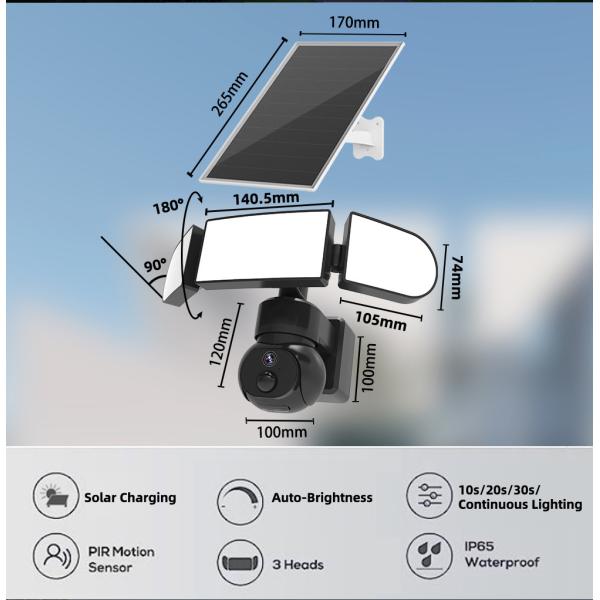 1500LM Floodlight 4G 5G Solar PTZ Camera With Color IR Night Vision