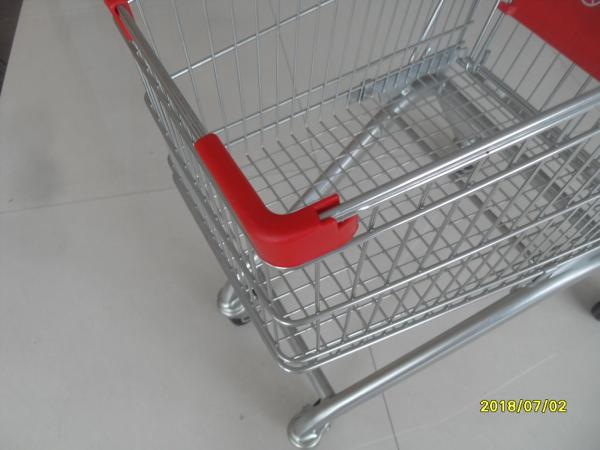 Steel Supermarket Shopping Carts 60L With red plastic parts and safety babyseat