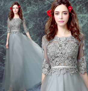 Quality Gorgeous Dark Gray Embroidery Lace Crepe Satin Sashes Evening Dress TSJY078 for sale
