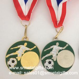 Quality Enamel metal soccer medal with ribbon lace, color filled metal sports medals for sale