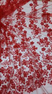 Quality French Chantilly Floral Red Beaded Lace Fabric , Hand Beaded Mesh Fabric For Wedding Dress for sale