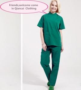 China Stand Collar Scrubs Medical Uniforms , Short Sleeve Cotton Green Surgical Gown on sale