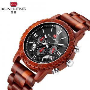 Quality 6 Hands Sporty Red Sandal Wooden Wrist Watch Black Dial Anolog Display for sale