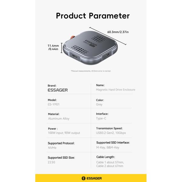 ESSAGER ES-YP01 100W 10Gbp USB 3.2 External Hard Drive Aluminum Type C Magnetic Nvme 2230 M.2 SSD HDD Enclosure