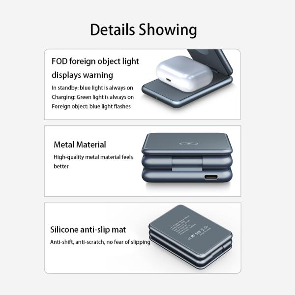 Foldable Magnetic Metal Wireless Charging Aluminum Alloy 3 In 1 Portable Magnetic Charger