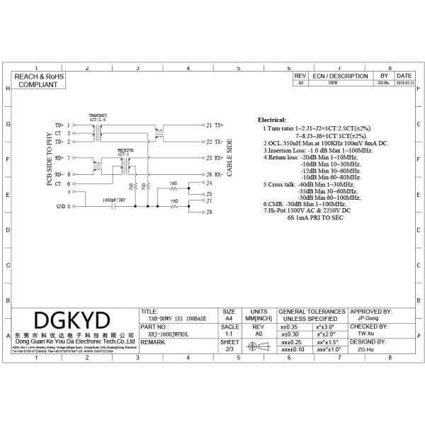 10/100 BASE 1x1 Tab Down RJ45 Network Connector with transformer PBT black