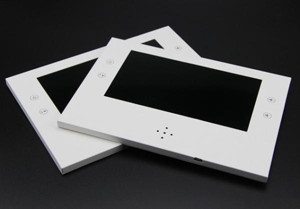 Push button activated stick on video lcd devices, lcd screen inside presentation
