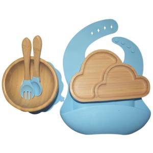 Quality BPA Free Baby Silicone Products Plate Set Elephant Wooden Silicone Suction Plate Set for sale