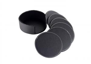 Quality Two Sides PU Leather Drink Coasters Set Round Black Glass Coasters for sale