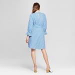 2018 New Design Ladies Long Blouson Sleeve Blue and White Gingham Dress with