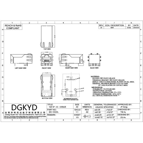 Customized 1000M 33.0mm Single Port 10 Pin Rj45 Connector with Transformer / Leds