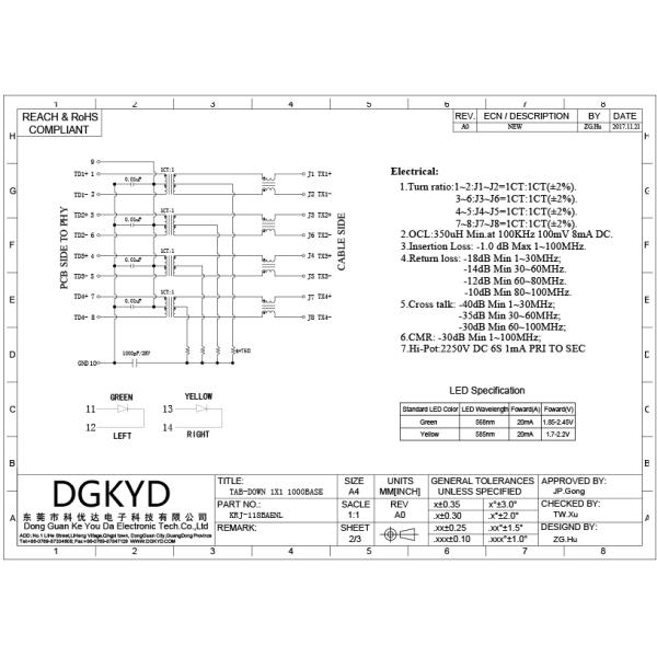 1000 base-tx tab down Rj45 Lan Jack with magnetic transformer
