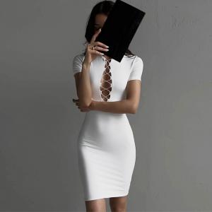 China Fashion Package Hip Dress Chest Hollow Slim Fit White Skin Tight Dress Sexy Short Sleeved on sale