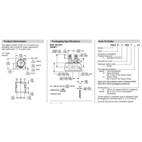 3362P-1-103LT 3362P-1-103TLF 3362P-1-103RLF 3362P-1-103 Potentiometers