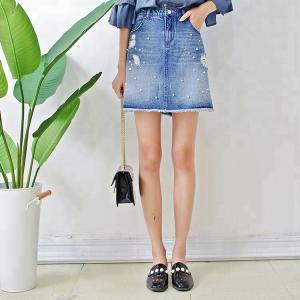 Quality Women A Line Denim Mini Skirt With Pearls , Summer Short Jean Skirt for Ladies for sale