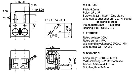 5.00mm Pitch PCB Mounted Screw Terminal Blocks Right Angle 2P to 20P Blue