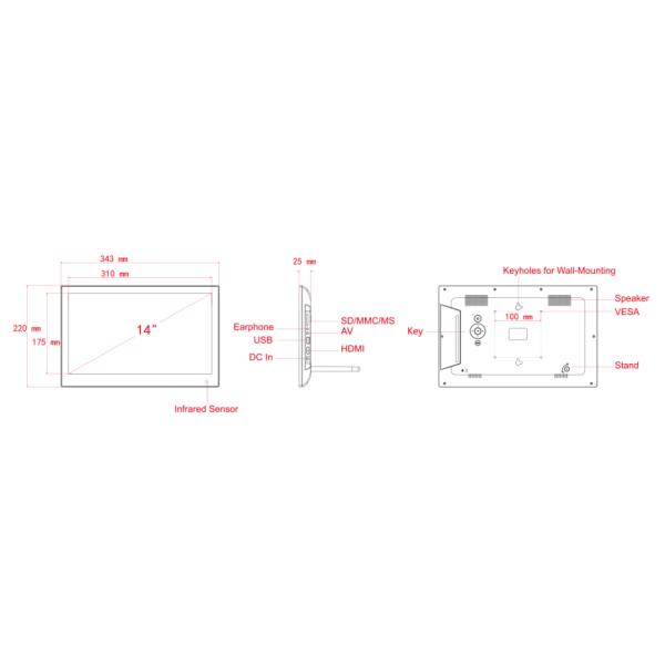 Wall Mounting Advertising Touch Screen Desktop Monitor14 Inch Resolution 1920*1080