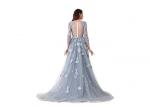 Backless Sexy Tulle Long Sleeve Evening Gowns Built - In Bra Light Blue