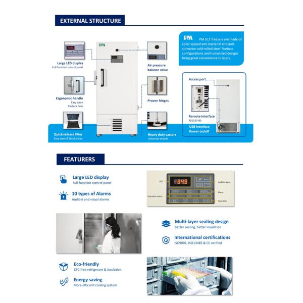 Safe Ultra Low Temperature Freezer with Malfunction Alarms and Door Open Feature