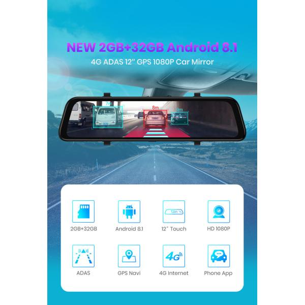Rearview Dual 6G Lens Android Dash Cam ADAS Car DVR Camera Recorder