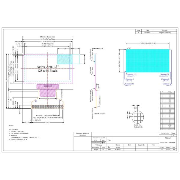 1.29'' 1.3'' OLED LCD Module 128*64 Monochrome Blue Wide Temperature Free View