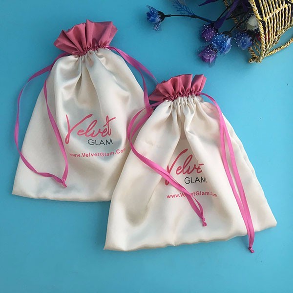 Customized Small White Satin Drawstring Bag For Makeup Bag Printed Logo