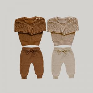 China Baby Chunky Knitwear Handmade Crew Neck Sweaters Pullover Knitted Long Pants 2Pcs Lounge on sale