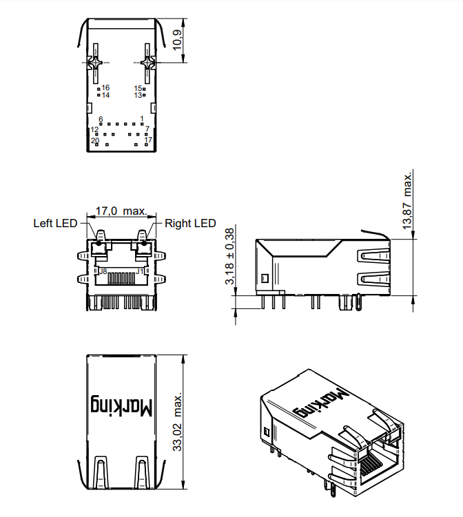 SMD PoE Tab Up RJ45 Connector With Common Mode Choke 7499711421