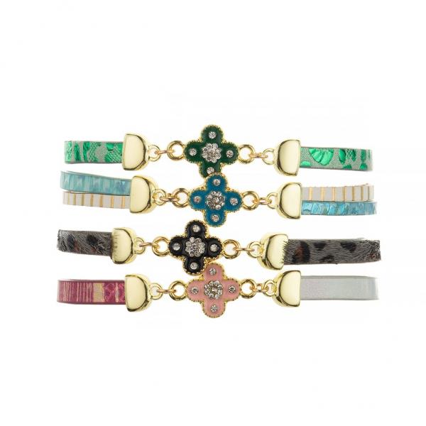 5mm Nickel Freeing PU Leather Strip Bracelet With Alloy Enamel Clover Magnets