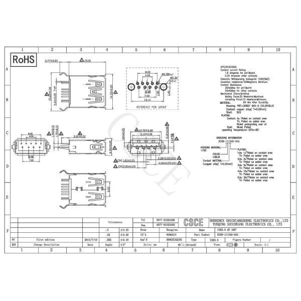 Blue Color Female USB PCB Connector , USB 3.0 Connector Brass Material Shell