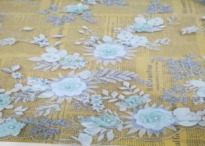 Quality Embroidery 3D Floral Wedding Dress Lace Fabric By The Yard With Beads Light Blue for sale