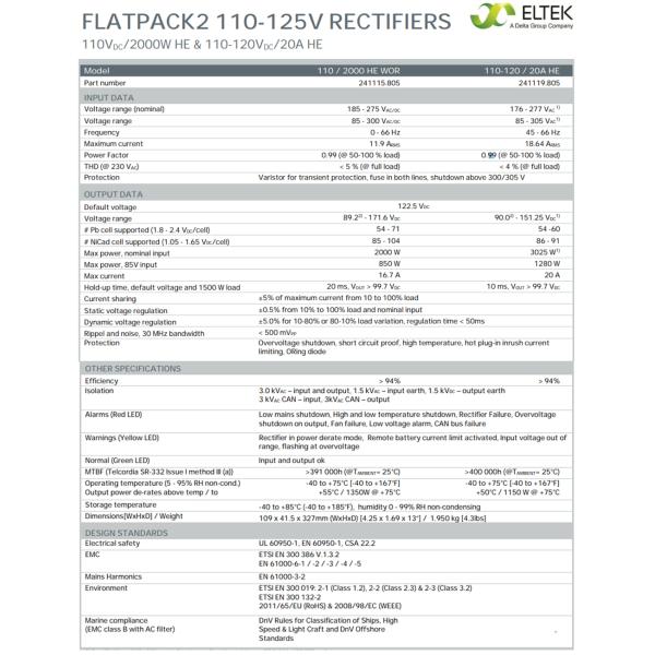 High Efficiency Eltek Flatpack2 110-125/2000 HE Rectifier Module FP2 110/2000 HE WOR Part No. 241115.805