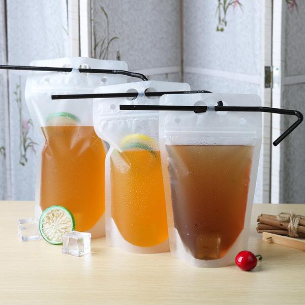 Custom clear transparent reusable and disposable plastic stand up drinking fruit juice packing pouch bag with straw