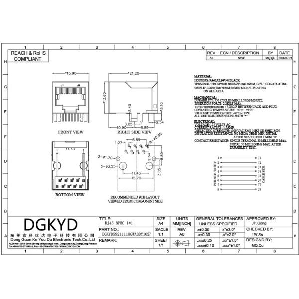 DGKYD59211118GWA3DY1027 Single-Cell RJ45 Connector, No Light, No Wings, 8P8C, No Filter, Network Interface