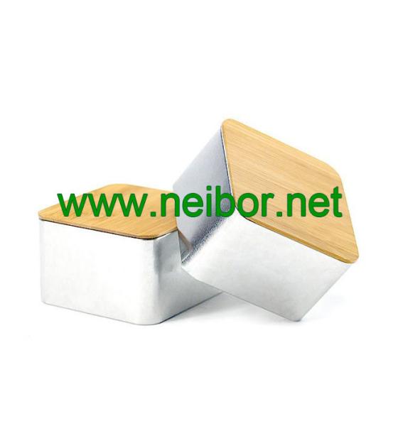Buy kitchen use square storage tin container with bamboo lid at wholesale prices