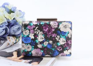 Quality Flowers painting printed surface pu metal frame rectangle shaped pu clutch bag for women for sale