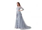 Backless Sexy Tulle Long Sleeve Evening Gowns Built - In Bra Light Blue